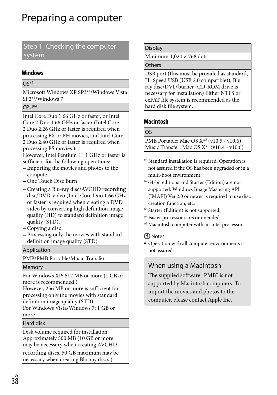 Preparing a computer, When using a macintosh, Step 1 checking the computer system | Windows, Macintosh | Sony HDR-CX360V User Manual | Page 38 / 151