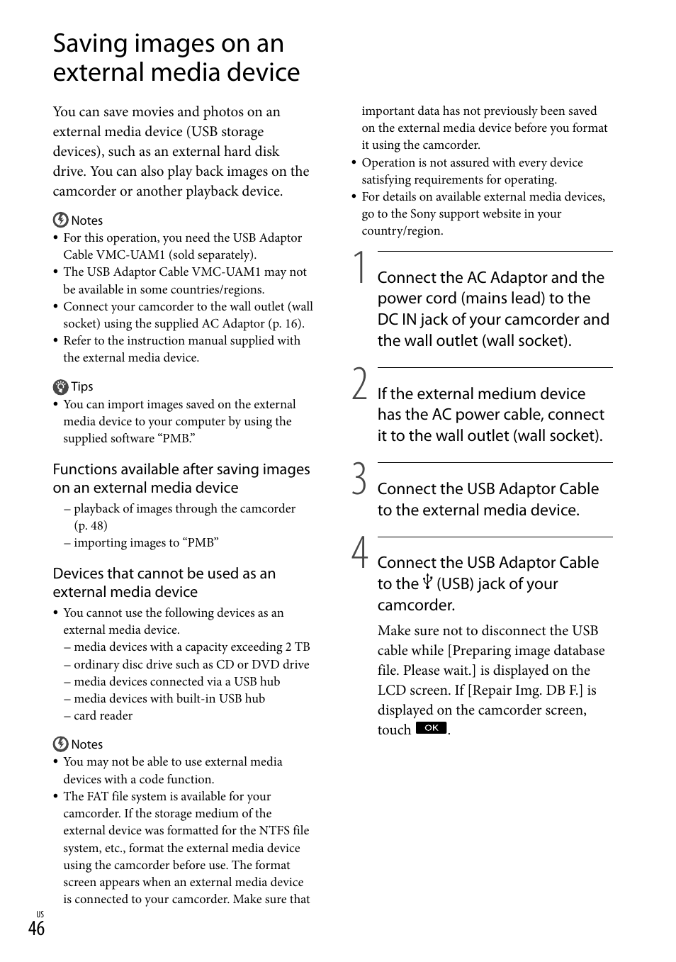 Saving images on an external media device | Sony HDR-CX360V User Manual | Page 46 / 151