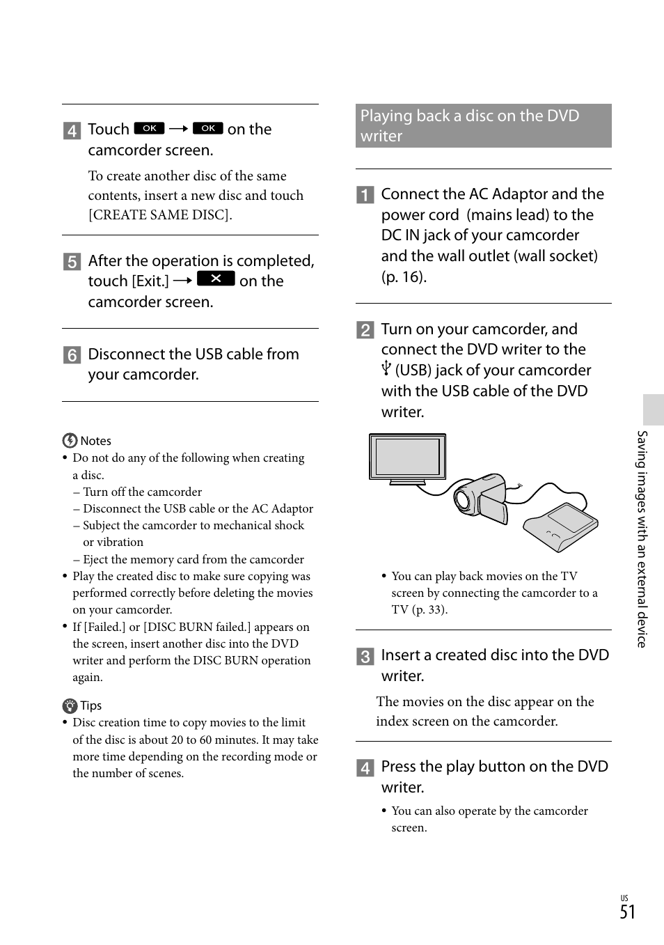 Playing back a disc on the dvd writer | Sony HDR-CX360V User Manual | Page 51 / 151