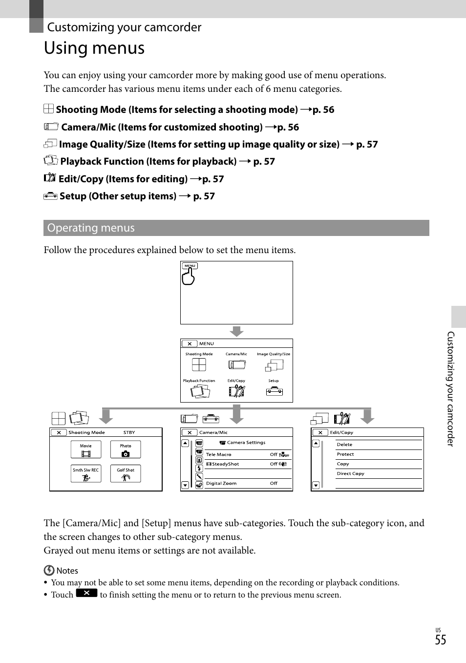 Customizing your camcorder, Using menus | Sony HDR-CX360V User Manual | Page 55 / 151