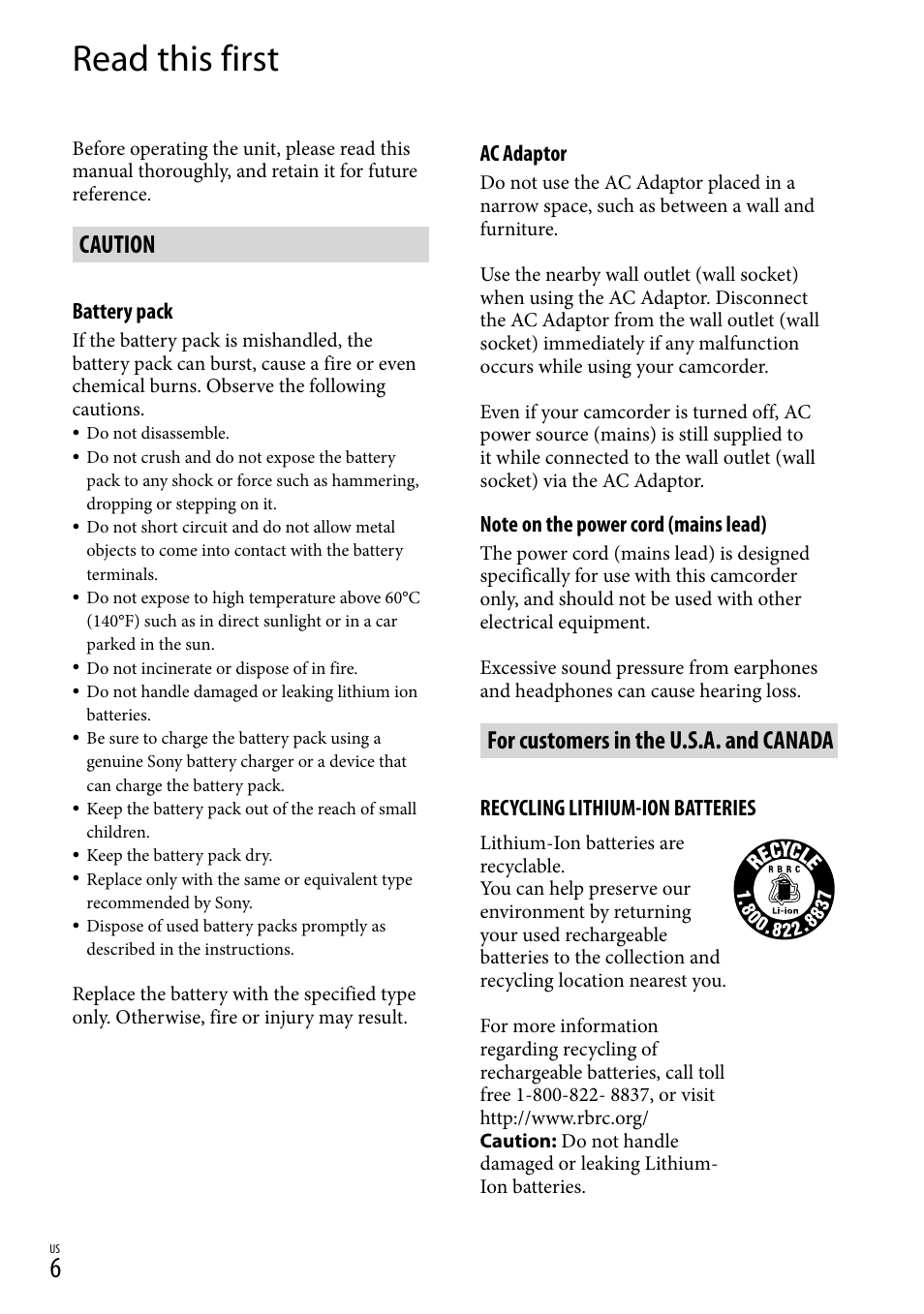 Read this first, Caution, For customers in the u.s.a. and canada | Sony HDR-CX360V User Manual | Page 6 / 151