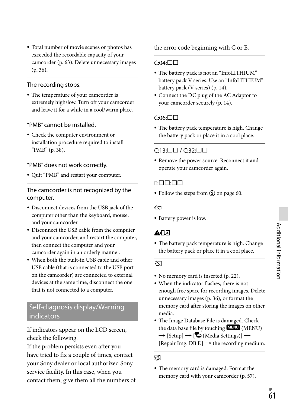 Self-diagnosis display/warning indicators | Sony HDR-CX360V User Manual | Page 61 / 151
