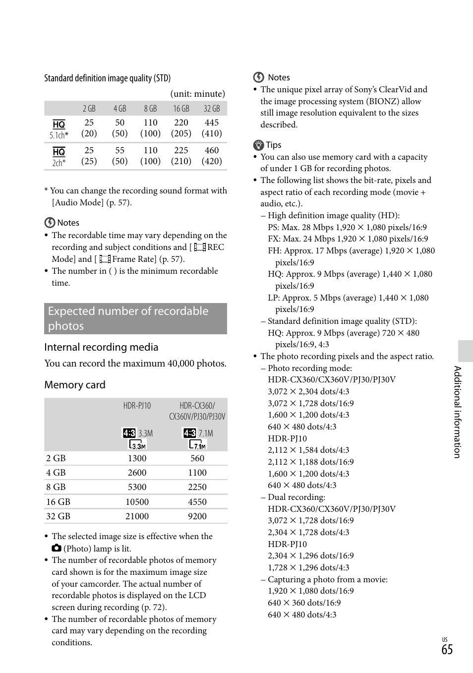 Expected number of recordable photos, Internal recording media | Sony HDR-CX360V User Manual | Page 65 / 151