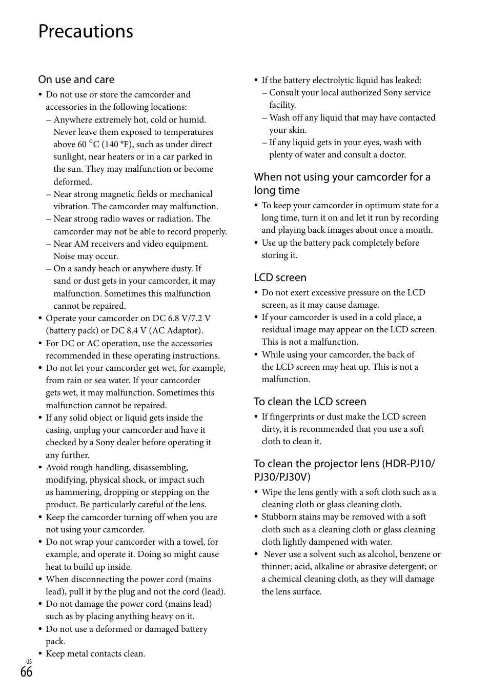 Precautions, On use and care, When not using your camcorder for a long time | Lcd screen | Sony HDR-CX360V User Manual | Page 66 / 151