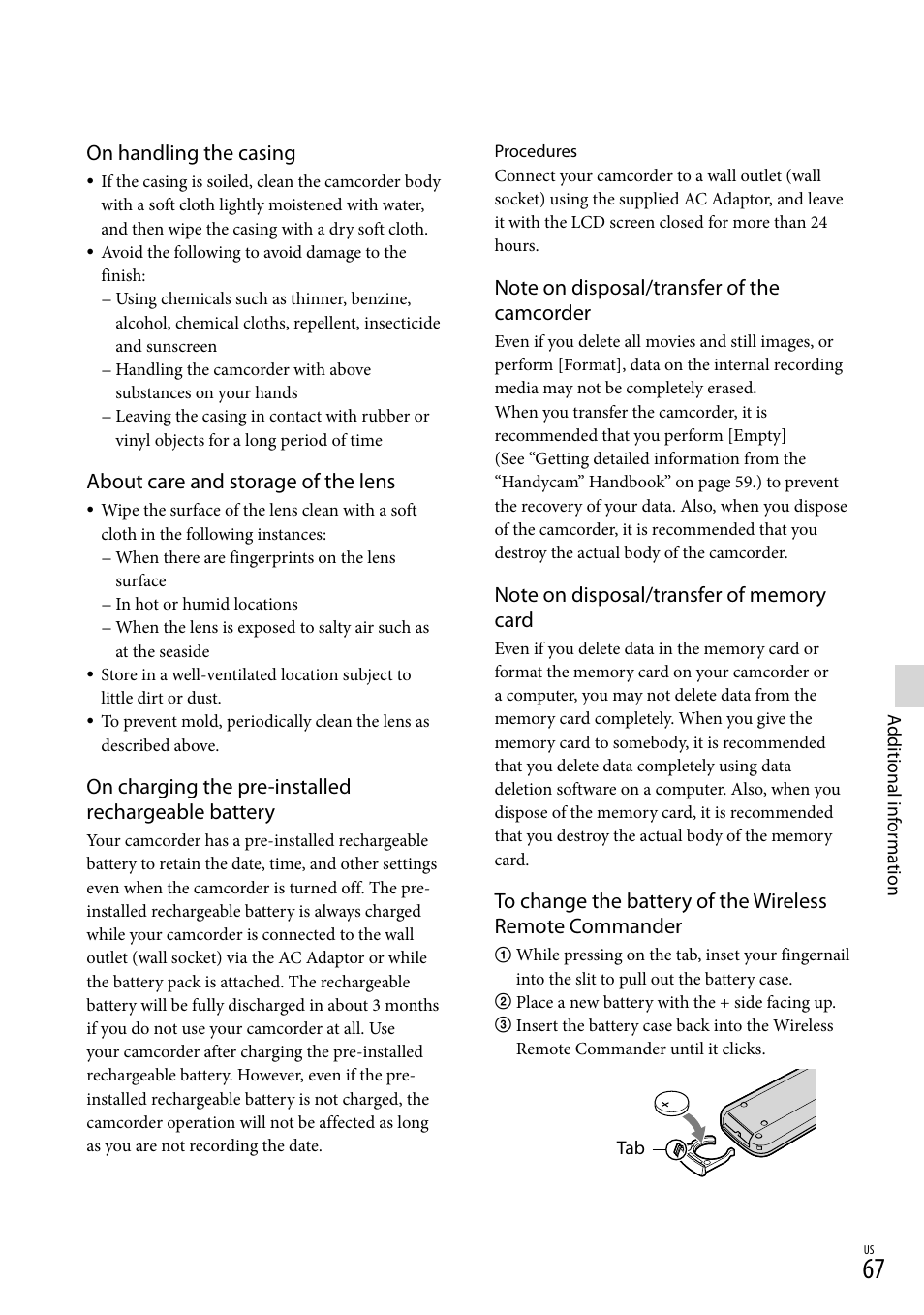 On handling the casing, About care and storage of the lens, On charging the pre-installed rechargeable battery | Sony HDR-CX360V User Manual | Page 67 / 151