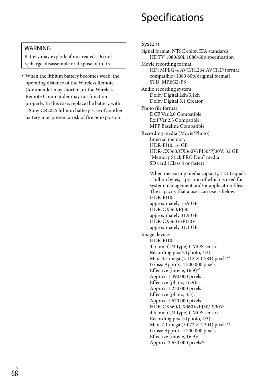 Specifications, Warning | Sony HDR-CX360V User Manual | Page 68 / 151