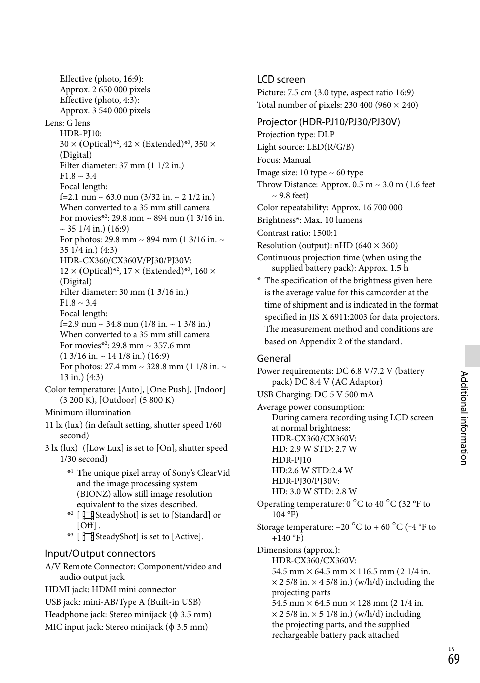 Input/output connectors, Lcd screen, General | Sony HDR-CX360V User Manual | Page 69 / 151