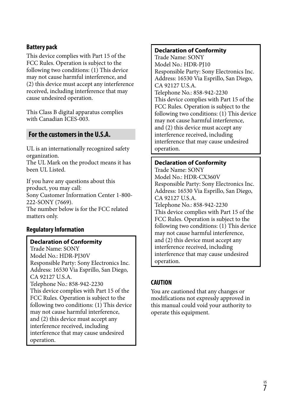 For the customers in the u.s.a | Sony HDR-CX360V User Manual | Page 7 / 151