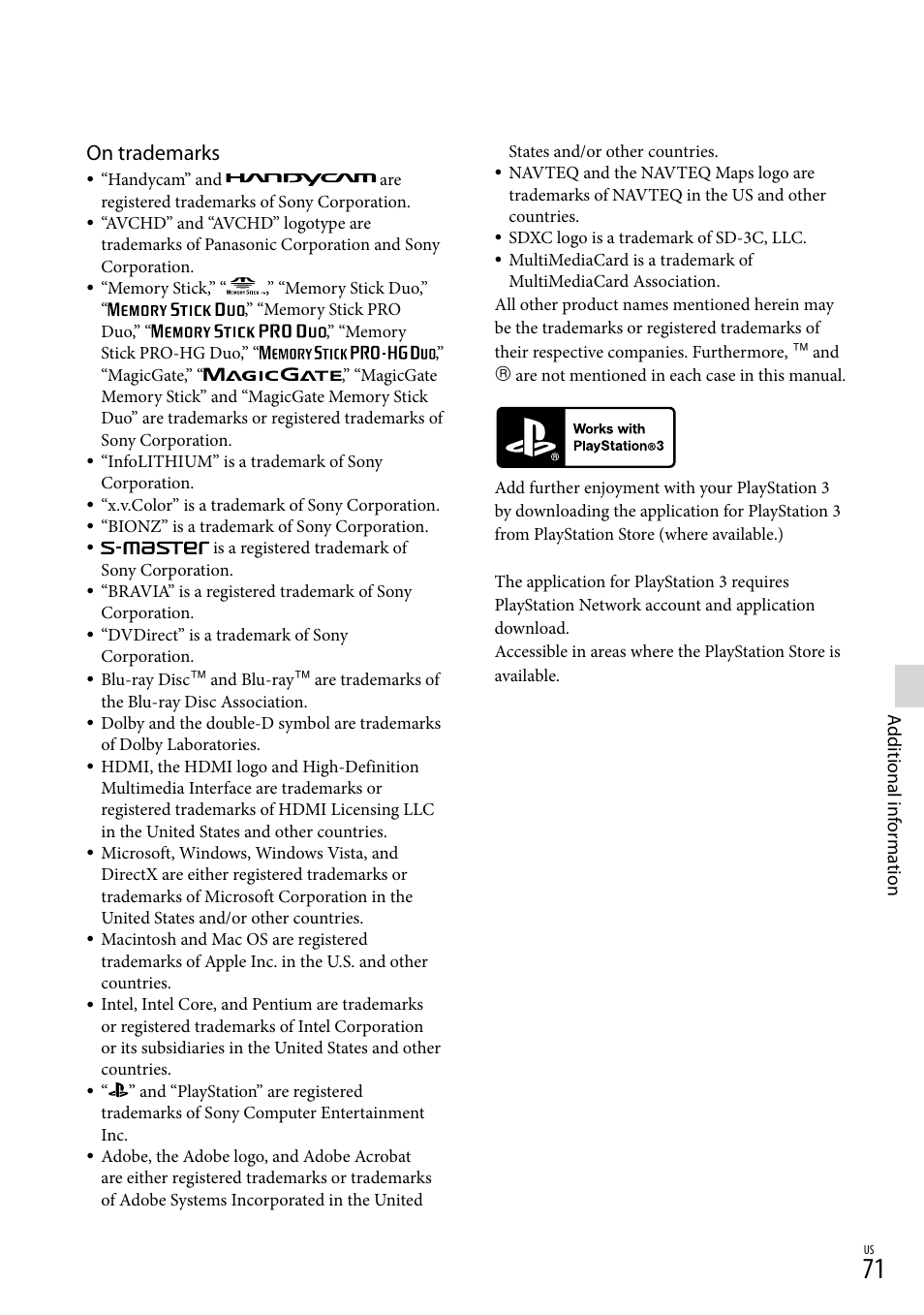On trademarks | Sony HDR-CX360V User Manual | Page 71 / 151