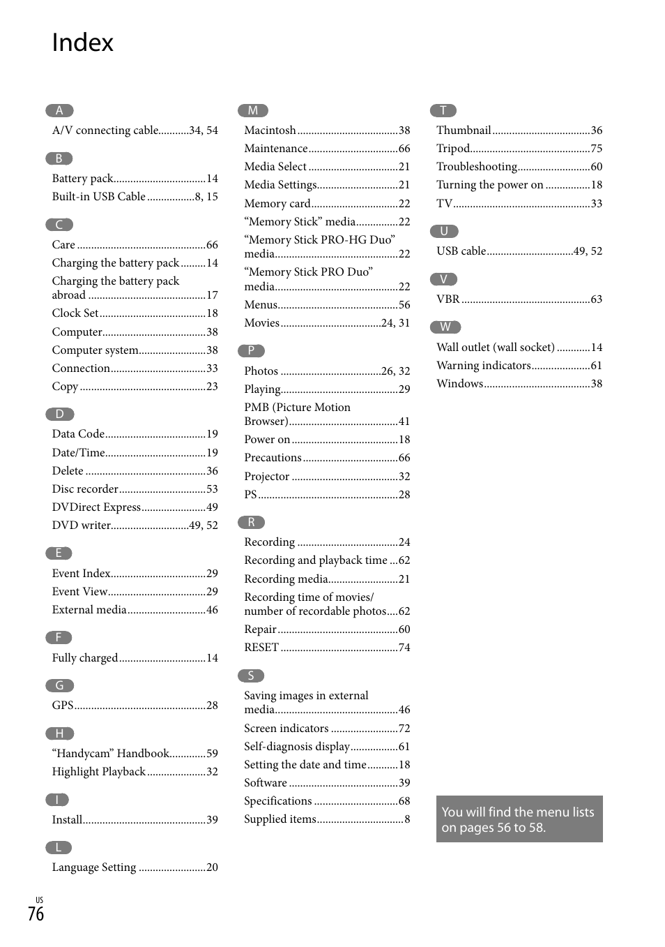 Index | Sony HDR-CX360V User Manual | Page 76 / 151