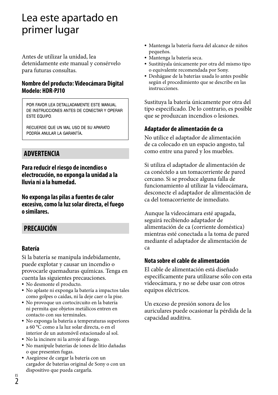 Lea este apartado en primer lugar, Advertencia, Precaución | Sony HDR-CX360V User Manual | Page 78 / 151