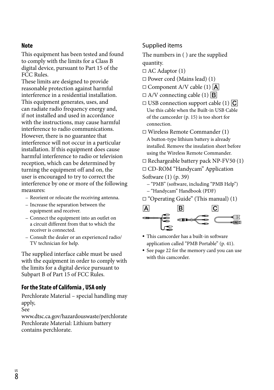 For the state of california , usa only | Sony HDR-CX360V User Manual | Page 8 / 151