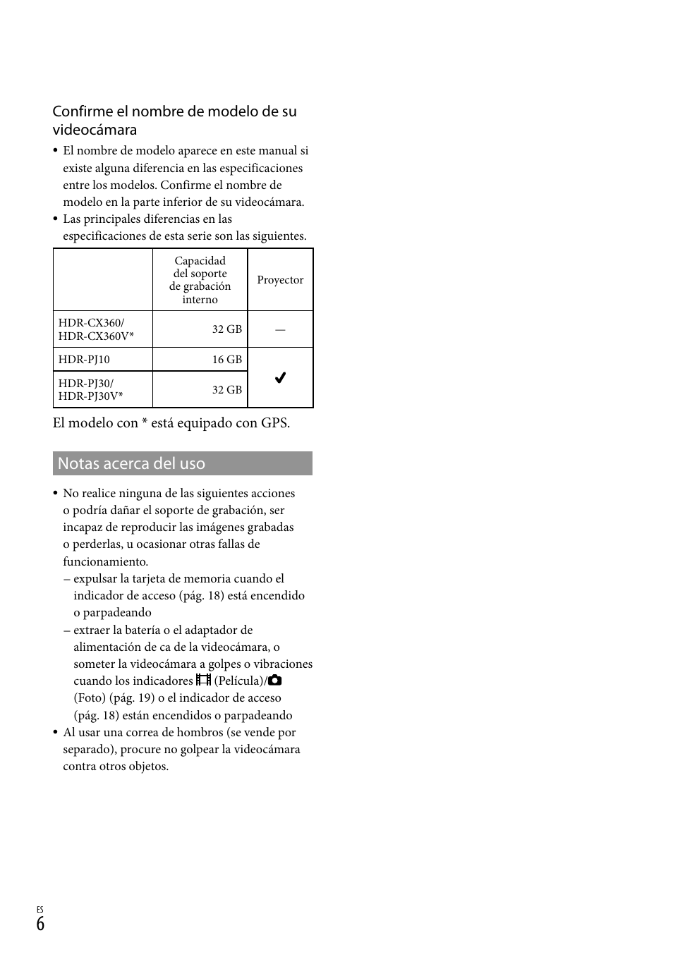 Notas acerca del uso, Confirme el nombre de modelo de su videocámara | Sony HDR-CX360V User Manual | Page 82 / 151