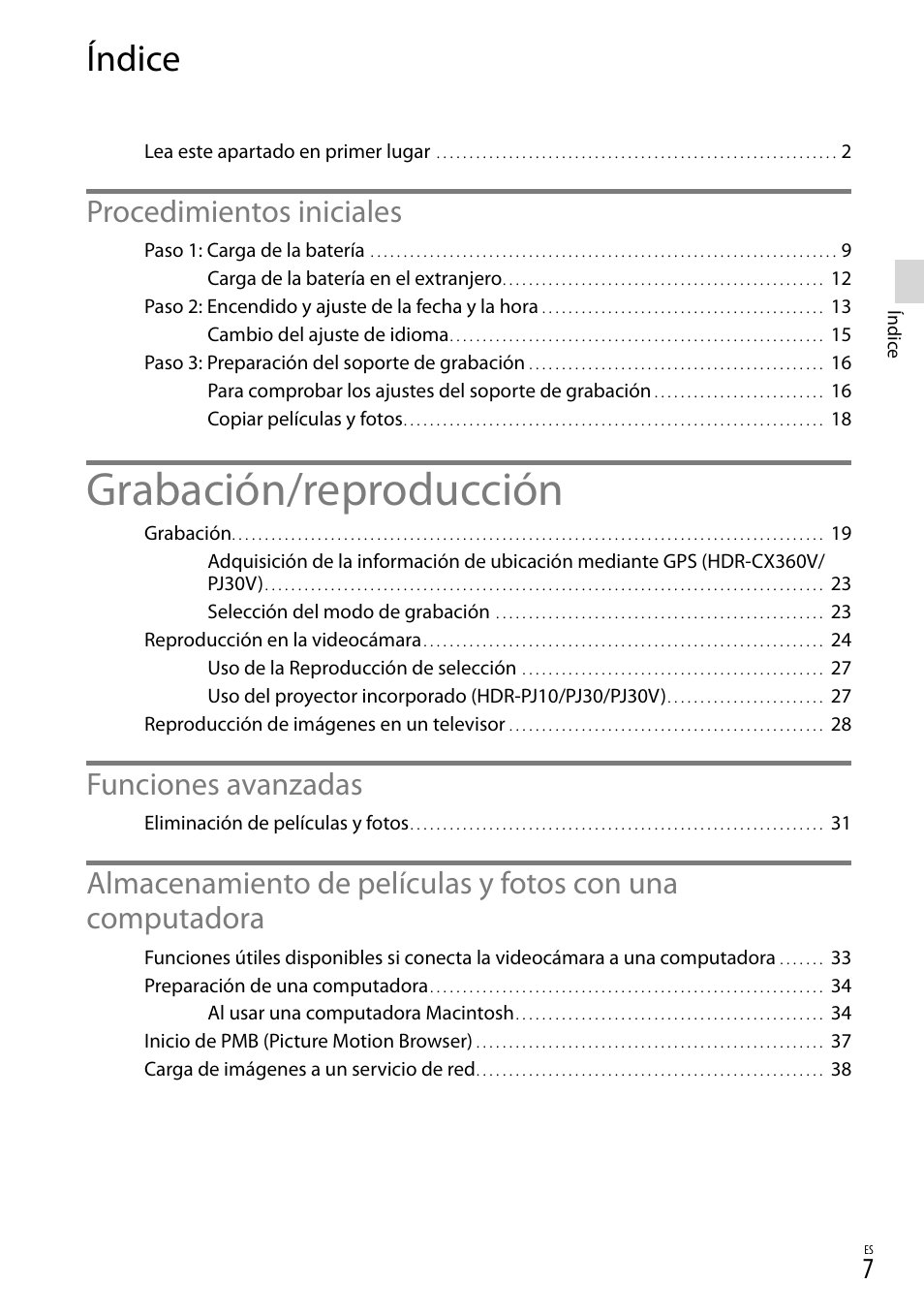 Índice, Grabación/reproducción, Procedimientos iniciales | Funciones avanzadas | Sony HDR-CX360V User Manual | Page 83 / 151