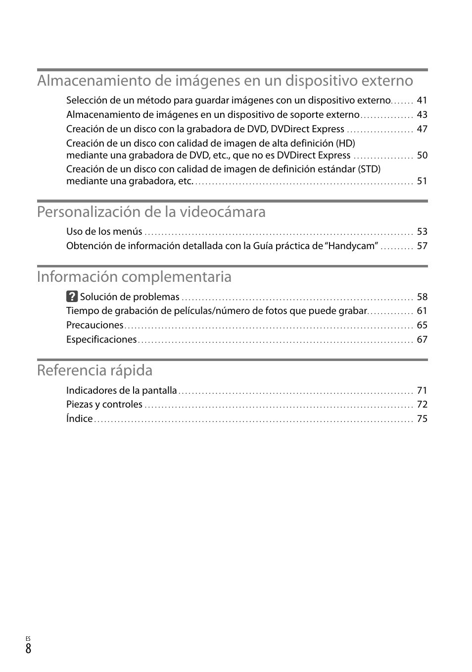 Personalización de la videocámara, Información complementaria, Referencia rápida | Sony HDR-CX360V User Manual | Page 84 / 151