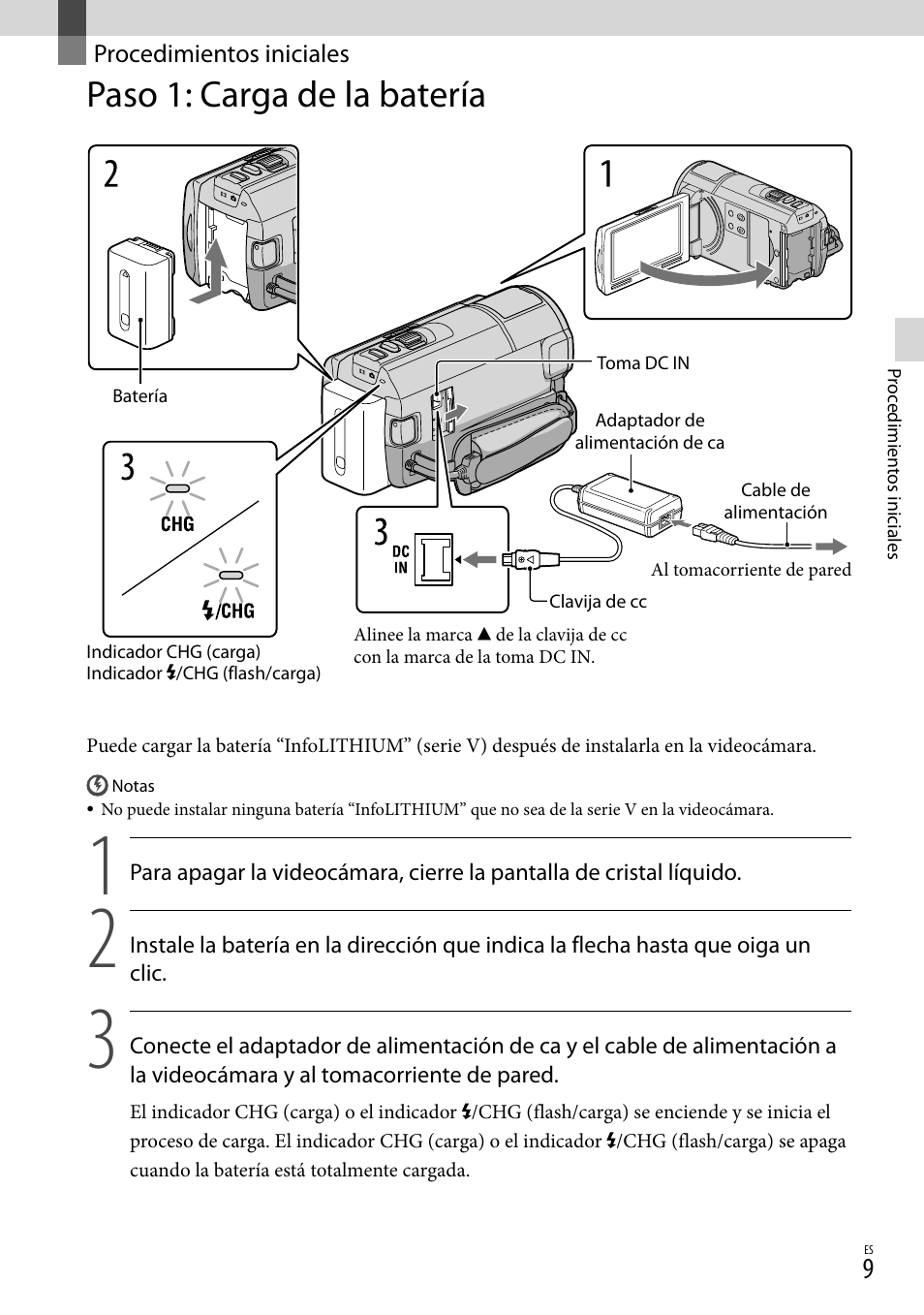 Procedimientos iniciales, Paso 1: carga de la batería | Sony HDR-CX360V User Manual | Page 85 / 151