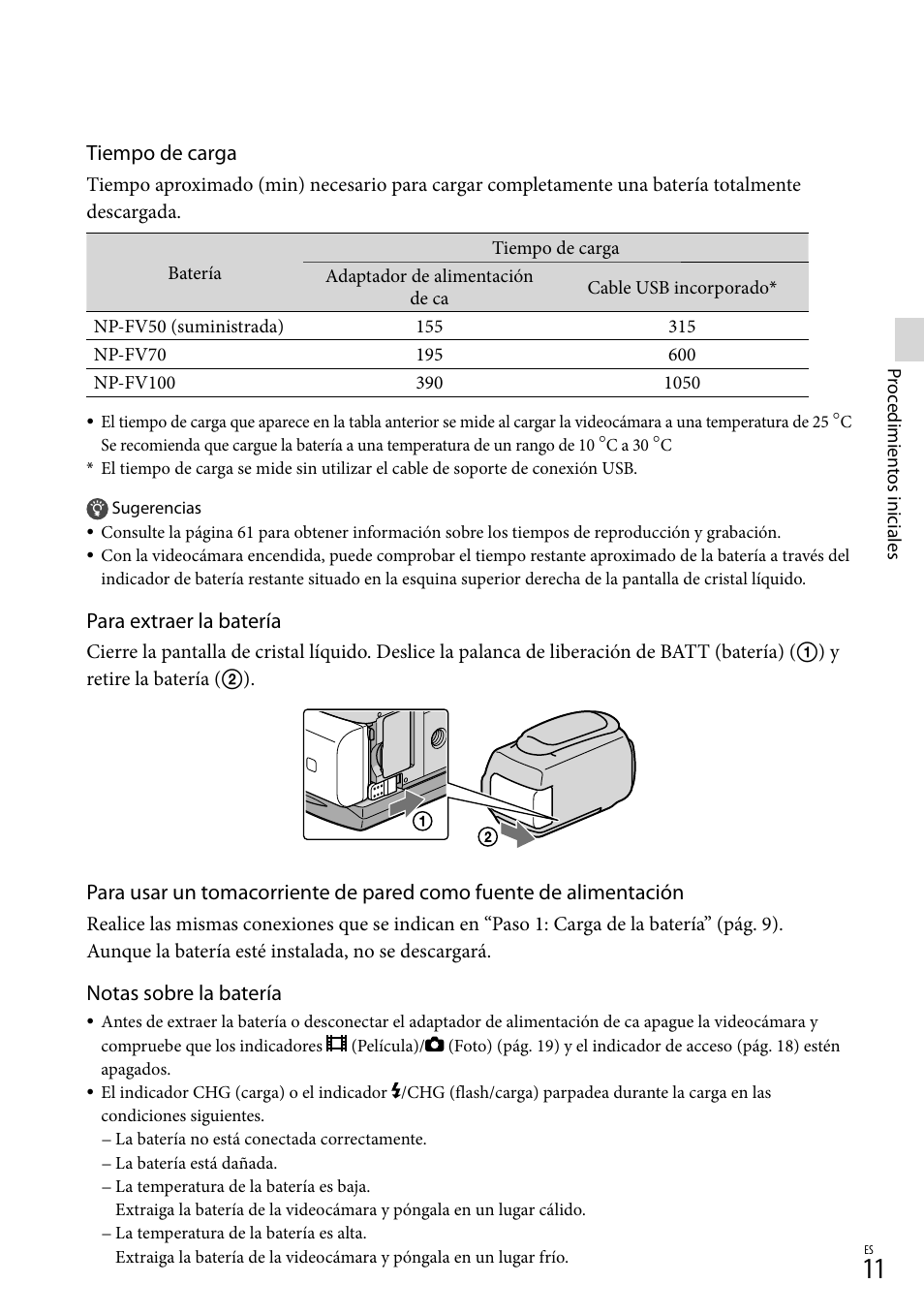 Tiempo de carga, Para extraer la batería, Notas sobre la batería | Sony HDR-CX360V User Manual | Page 87 / 151