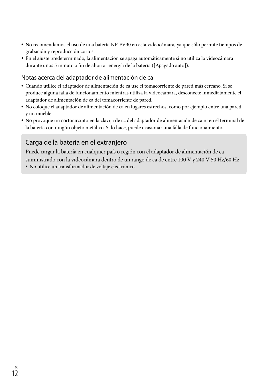 Carga de la batería en el extranjero, Notas acerca del adaptador de alimentación de ca | Sony HDR-CX360V User Manual | Page 88 / 151