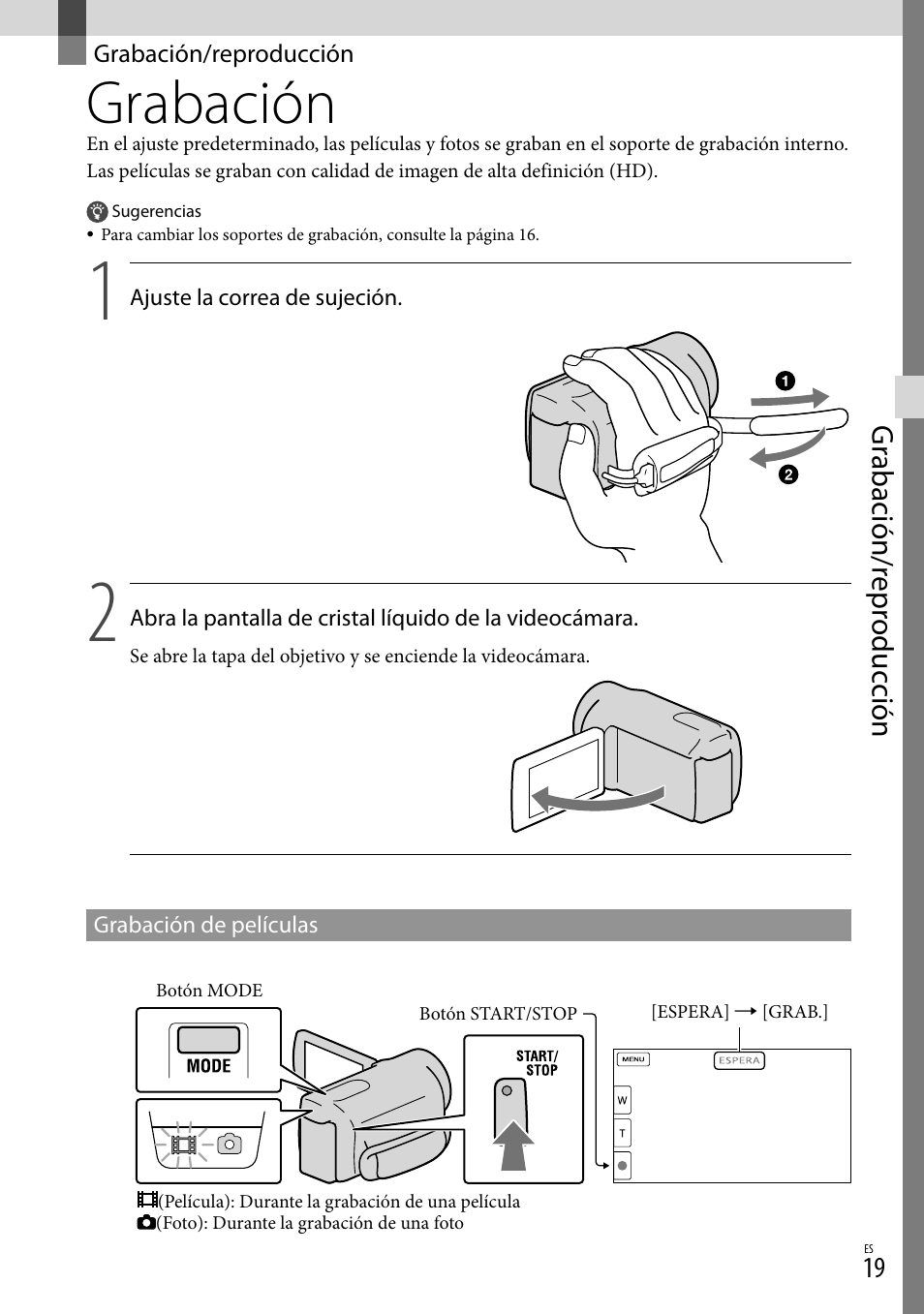 Grabación/reproducción, Grabación, 19) y e | Sony HDR-CX360V User Manual | Page 95 / 151