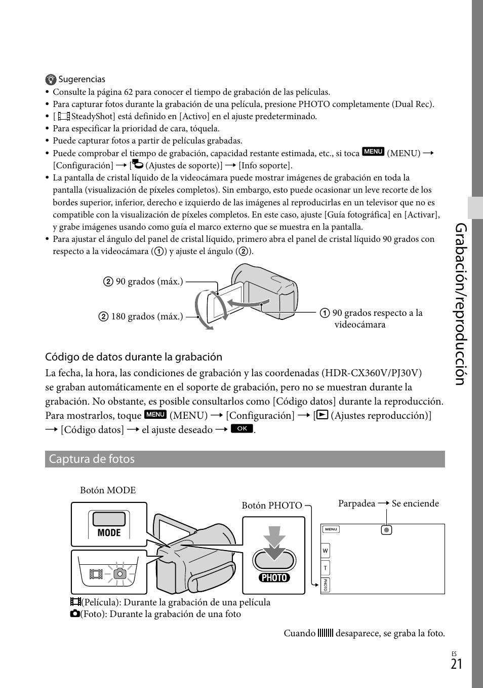 Gr abación/r epr oduc ción, Captura de fotos | Sony HDR-CX360V User Manual | Page 97 / 151