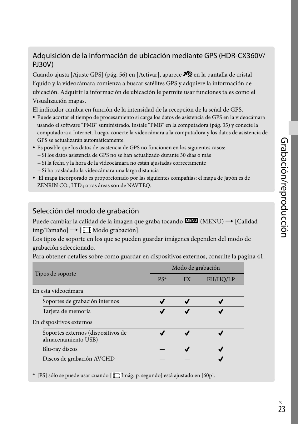 Selección del modo de grabación, Pj30v) selección del modo de grabación, Gr abación/r epr oduc ción | Sony HDR-CX360V User Manual | Page 99 / 151