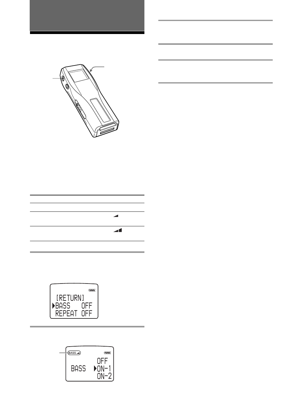 Advanced operations (memory stick walkman), Playing in various modes, Emphasizing the bass sound (bass) | Repeat off bass off [return] o bass off n 1 - on 2 | Sony NW-MS7 User Manual | Page 18 / 44