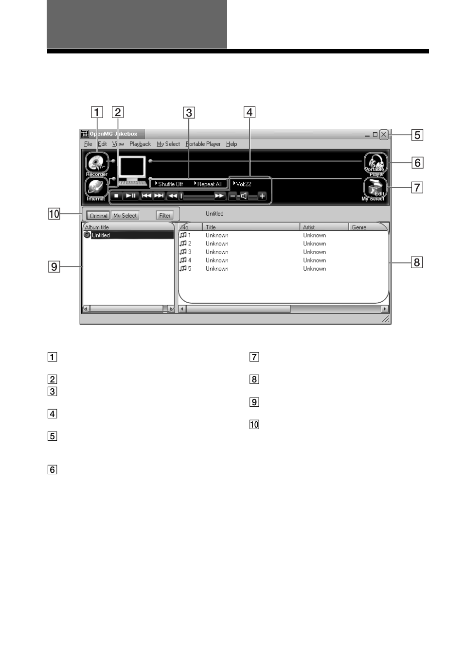 Advanced operations (openmg jukebox), Names and functions of the openmg jukebox window, 26 advanced operations (openmg jukebox) | Sony NW-MS7 User Manual | Page 26 / 44
