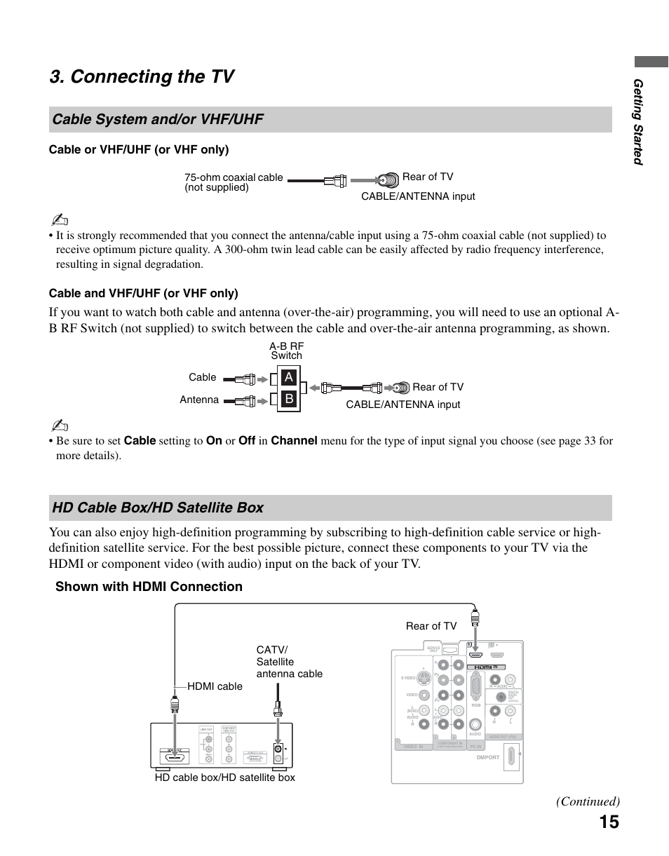 Connecting the tv, Cable system and/or vhf/uhf, Hd cable box/hd satellite box | Shown with hdmi connection, Continued), Gettin g starte d, Catv/ satellite antenna cable | Sony KDL-37NL140 User Manual | Page 15 / 48
