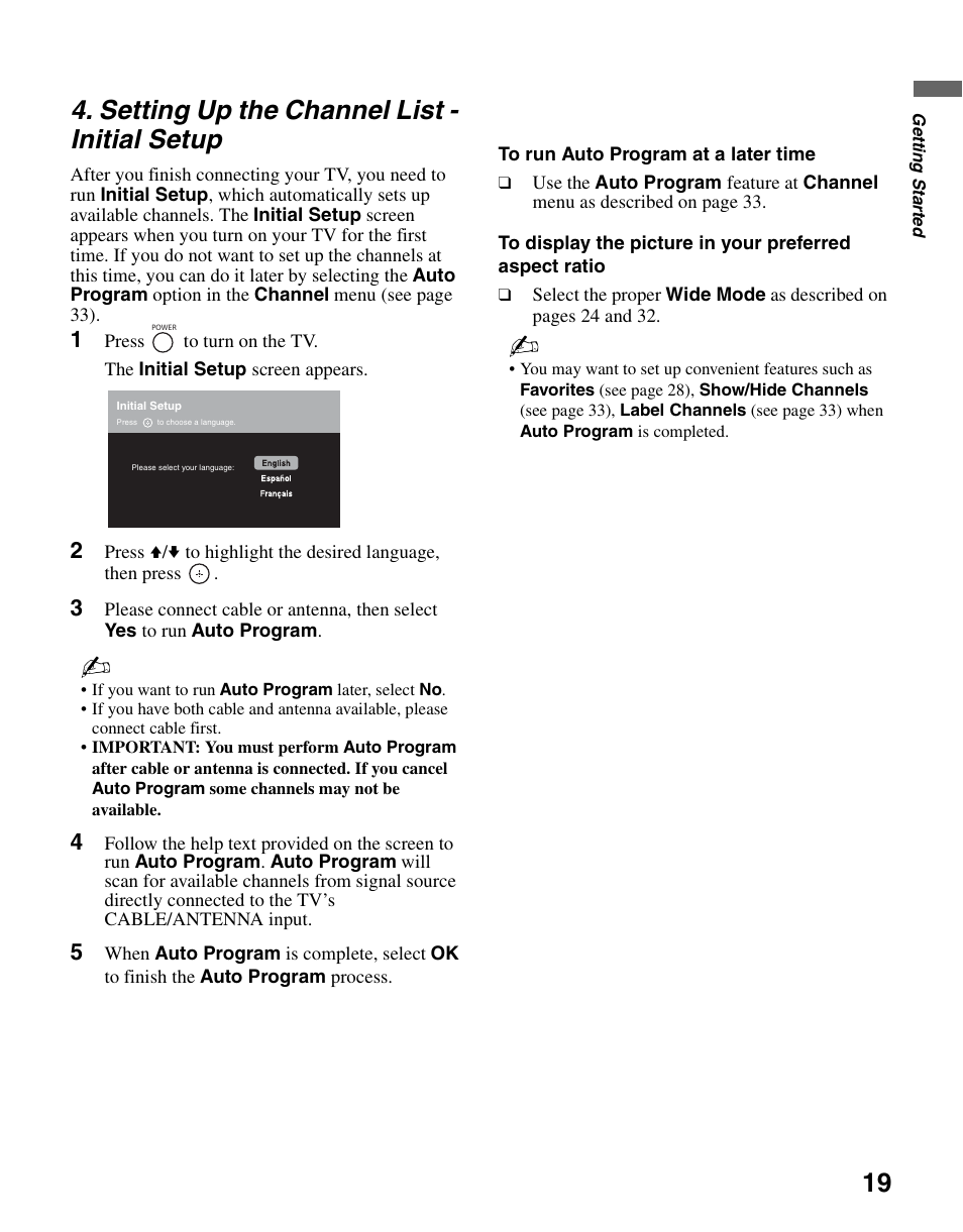 Setting up the channel list - initial setup, Setting up the channel list, Initial setup | Sony KDL-37NL140 User Manual | Page 19 / 48