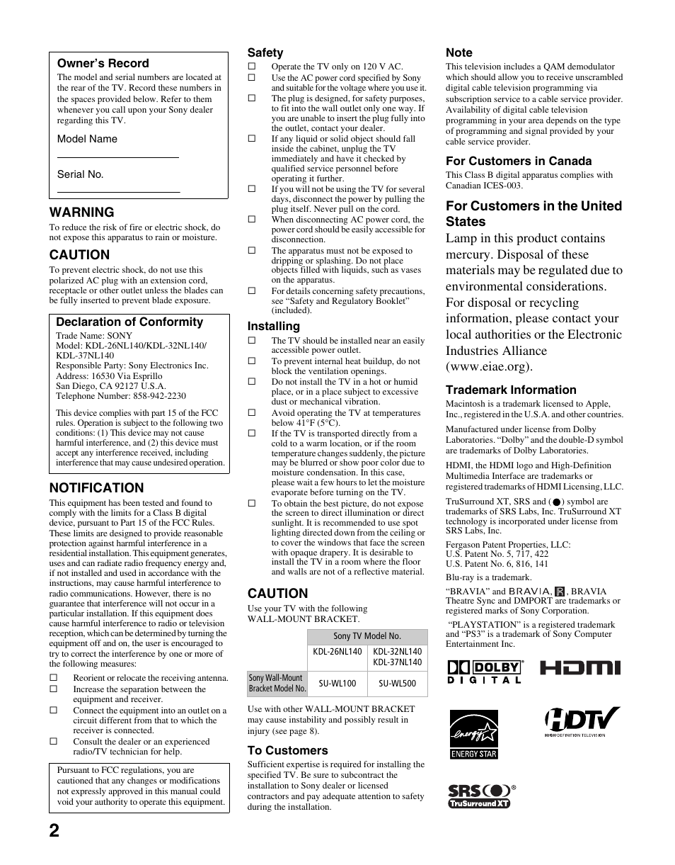 Warning, Caution, Notification | Sony KDL-37NL140 User Manual | Page 2 / 48