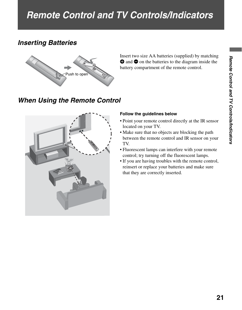 Remote control and tv controls/indicators, Inserting batteries, When using the remote control | Inserting batteries when using the remote control | Sony KDL-37NL140 User Manual | Page 21 / 48