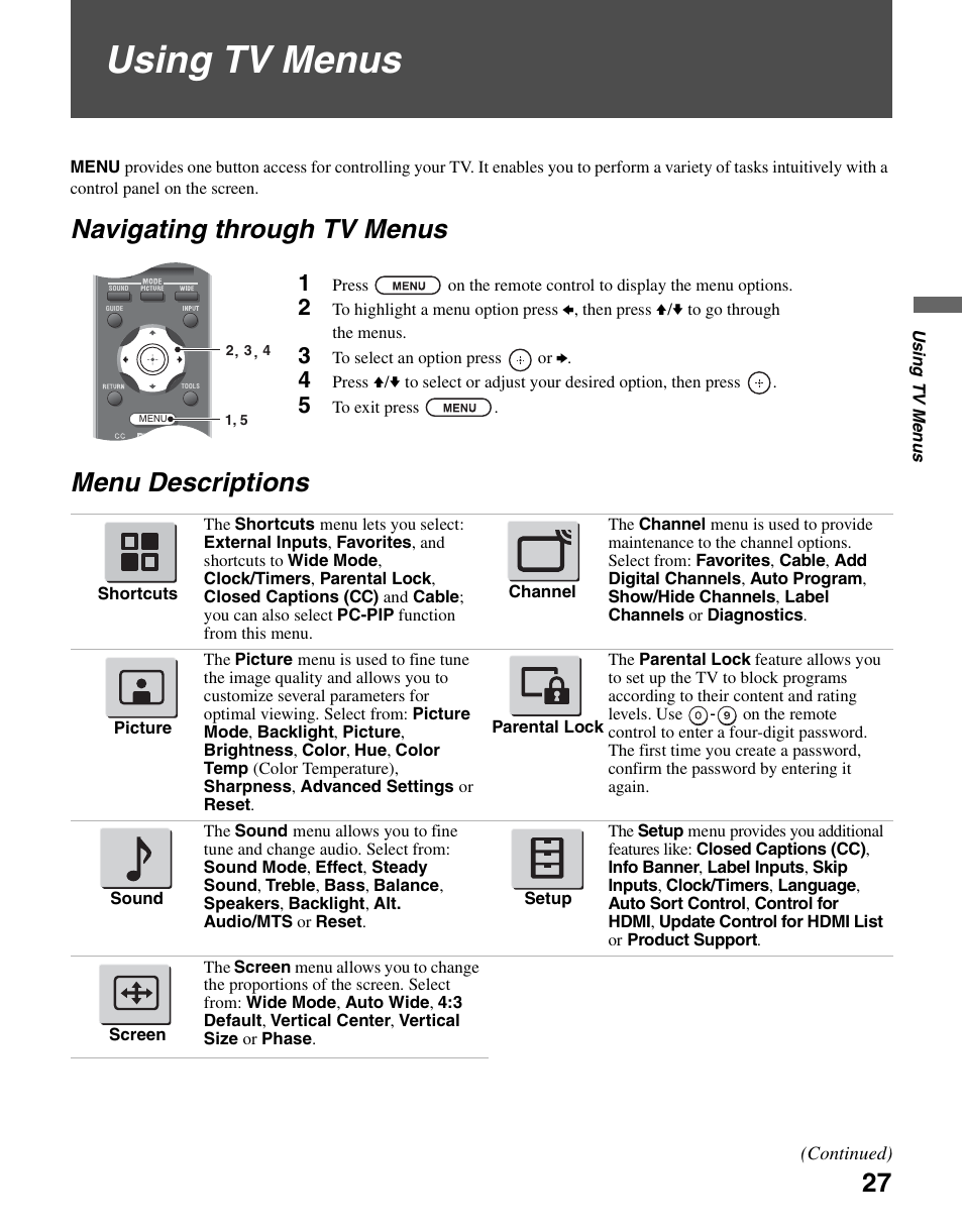 Using tv menus, Navigating through tv menus, Menu descriptions | Navigating through tv menus menu descriptions | Sony KDL-37NL140 User Manual | Page 27 / 48