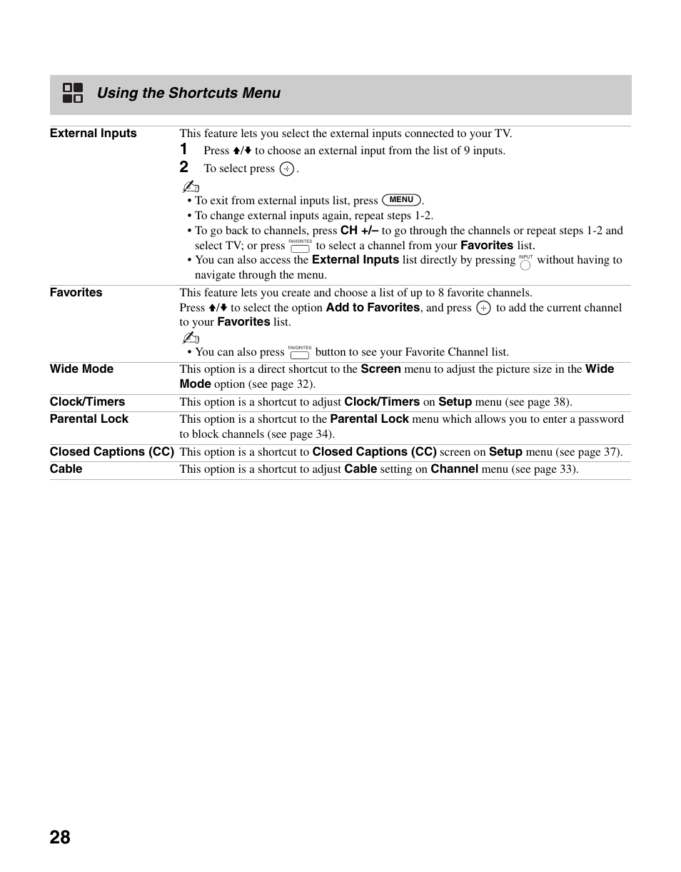 Using the shortcuts menu | Sony KDL-37NL140 User Manual | Page 28 / 48