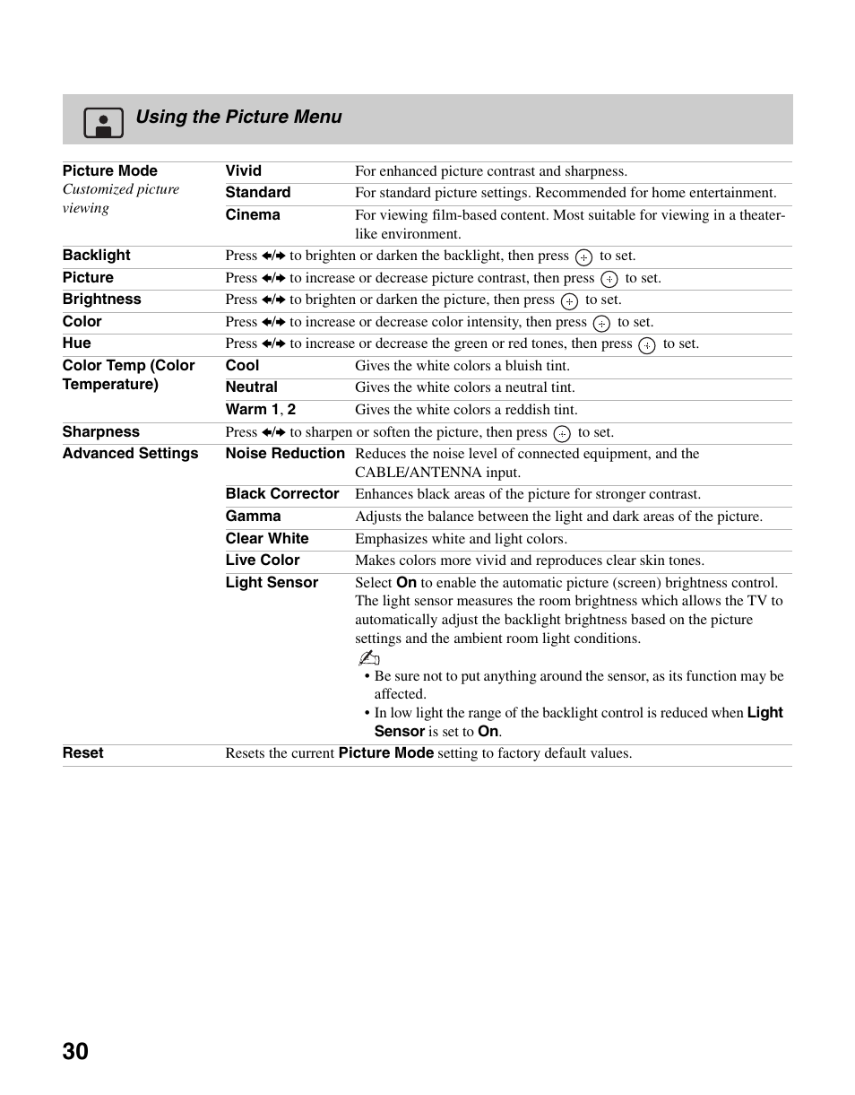 Using the picture menu | Sony KDL-37NL140 User Manual | Page 30 / 48