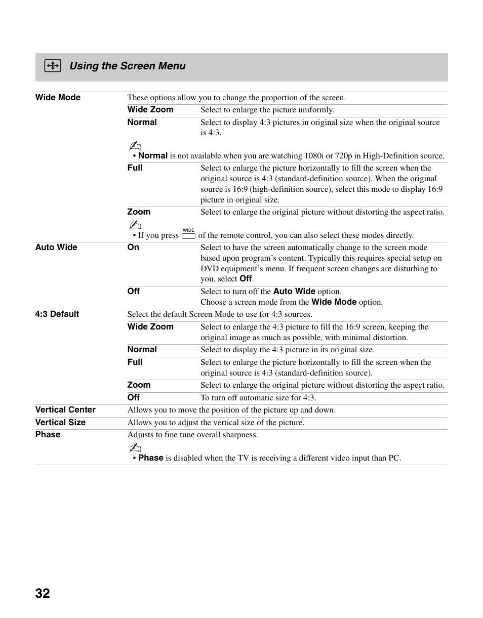 Using the screen menu, D 32 | Sony KDL-37NL140 User Manual | Page 32 / 48