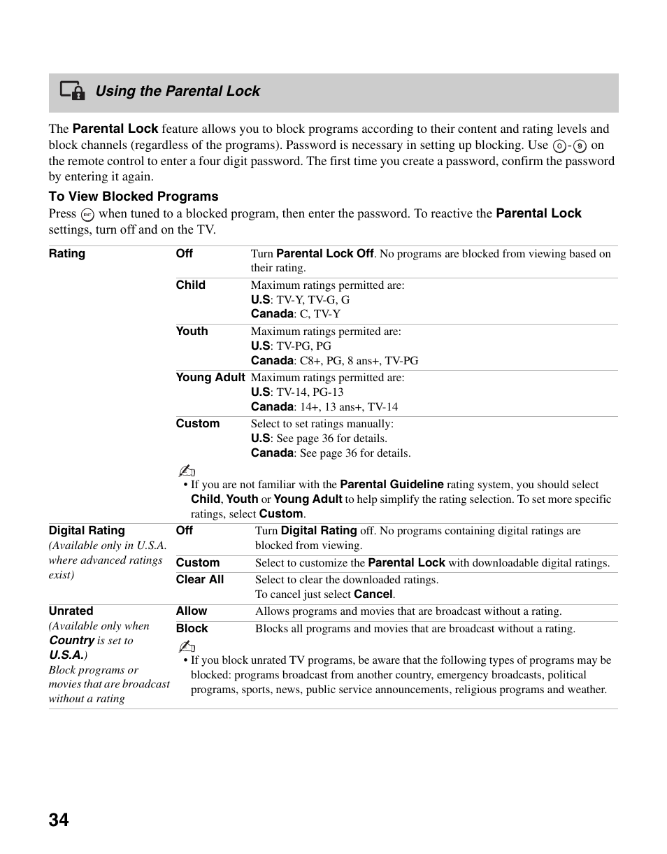Using the parental lock | Sony KDL-37NL140 User Manual | Page 34 / 48
