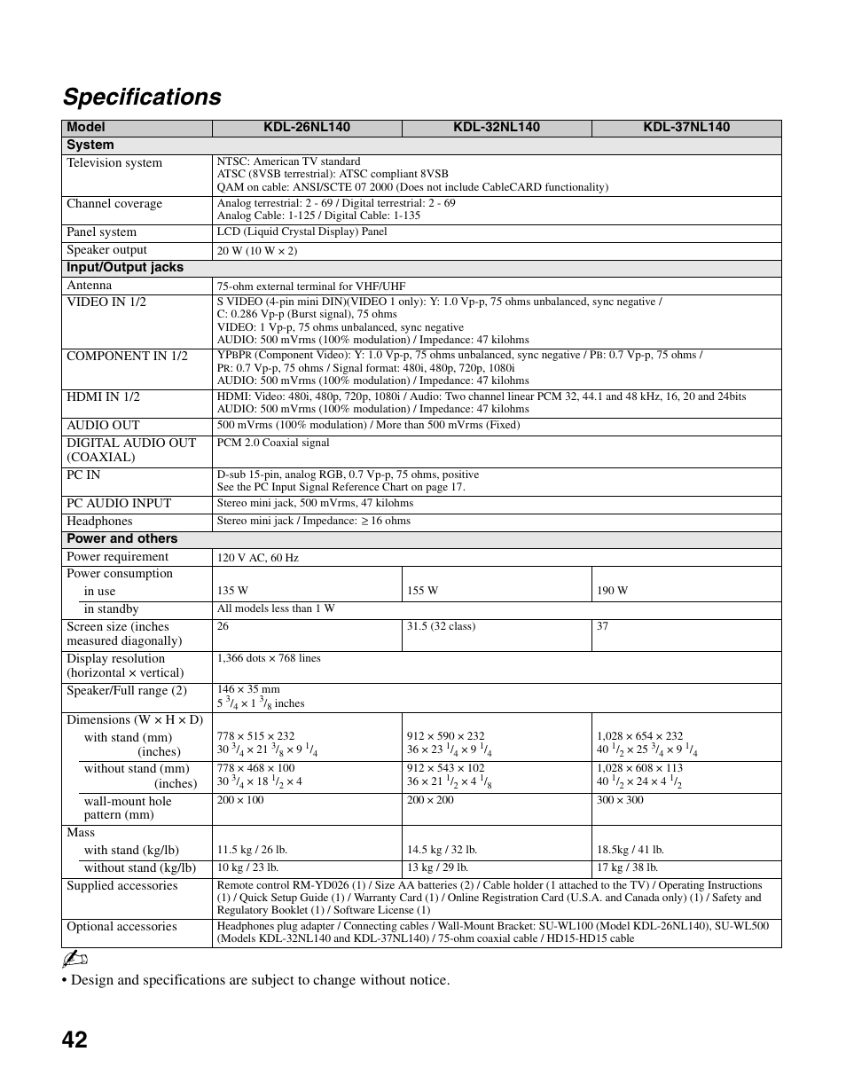 Specifications, 42 specifications | Sony KDL-37NL140 User Manual | Page 42 / 48