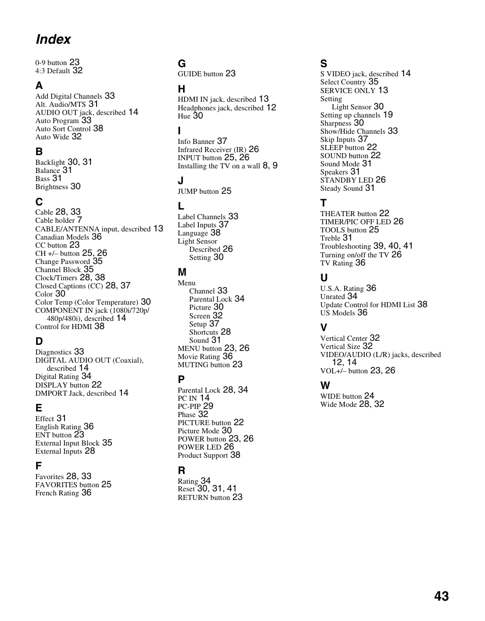 Index, 43 index | Sony KDL-37NL140 User Manual | Page 43 / 48