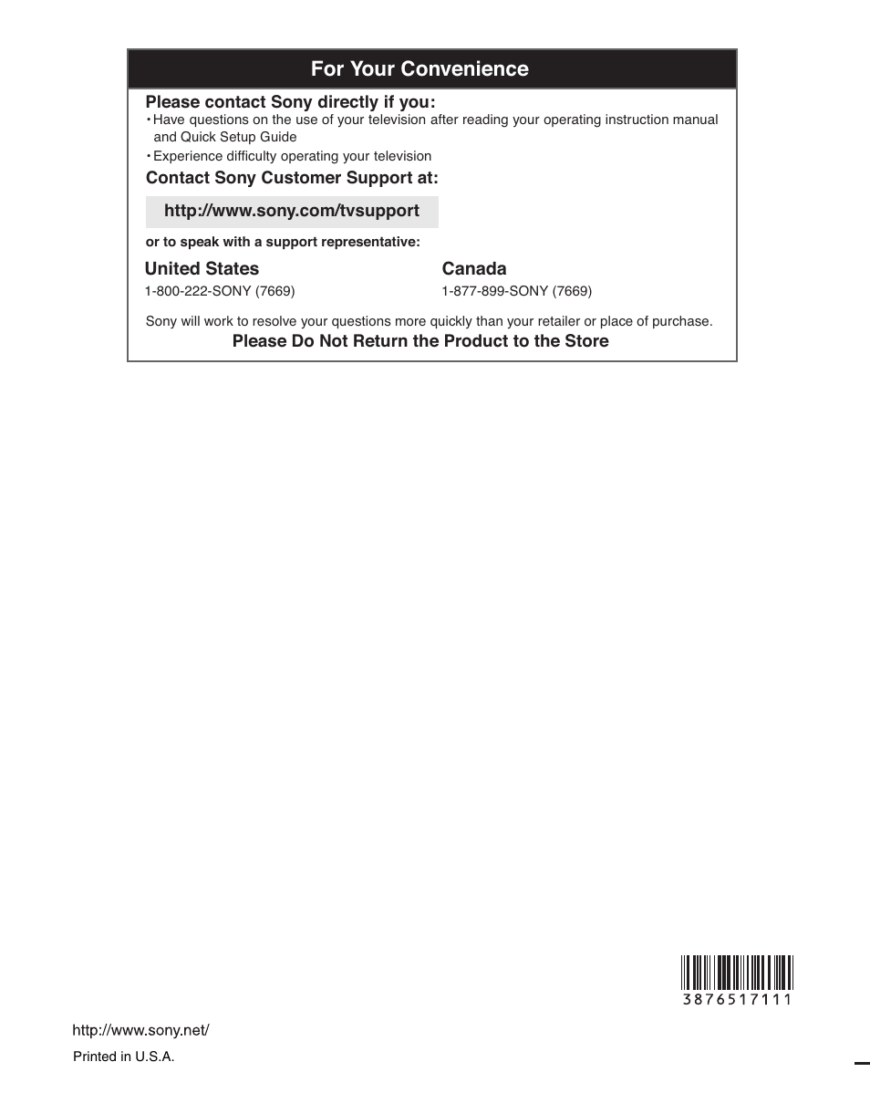 For your convenience | Sony KDL-37NL140 User Manual | Page 48 / 48