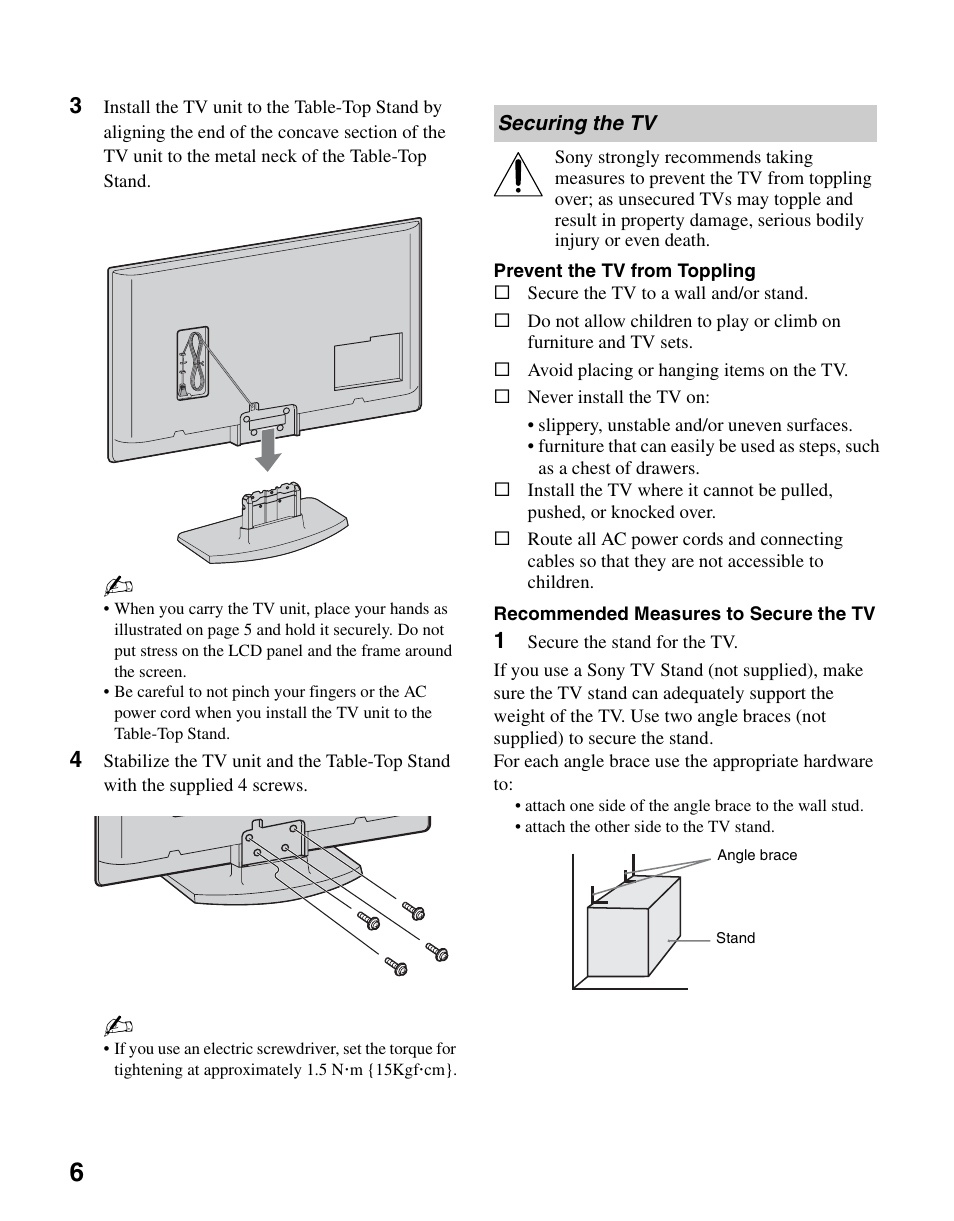 Securing the tv | Sony KDL-37NL140 User Manual | Page 6 / 48