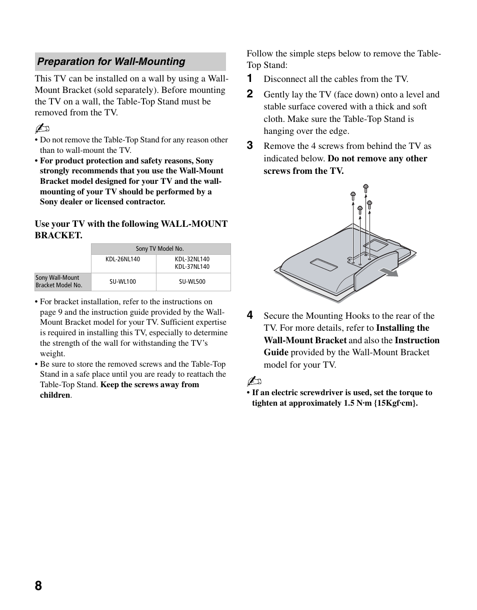 Preparation for wall-mounting | Sony KDL-37NL140 User Manual | Page 8 / 48