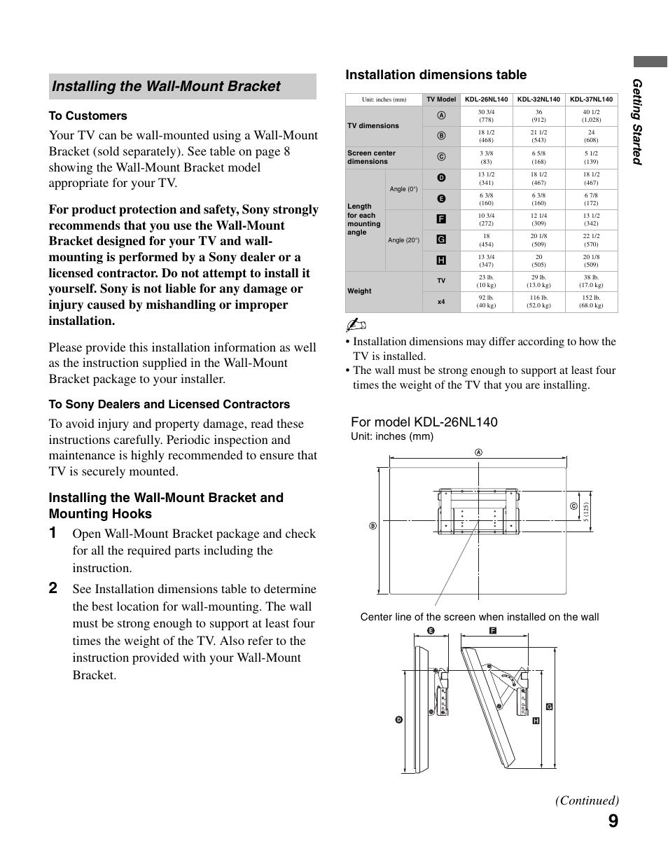 Installing the wall-mount bracket, Continued), Gettin g starte d to customers | Sony KDL-37NL140 User Manual | Page 9 / 48