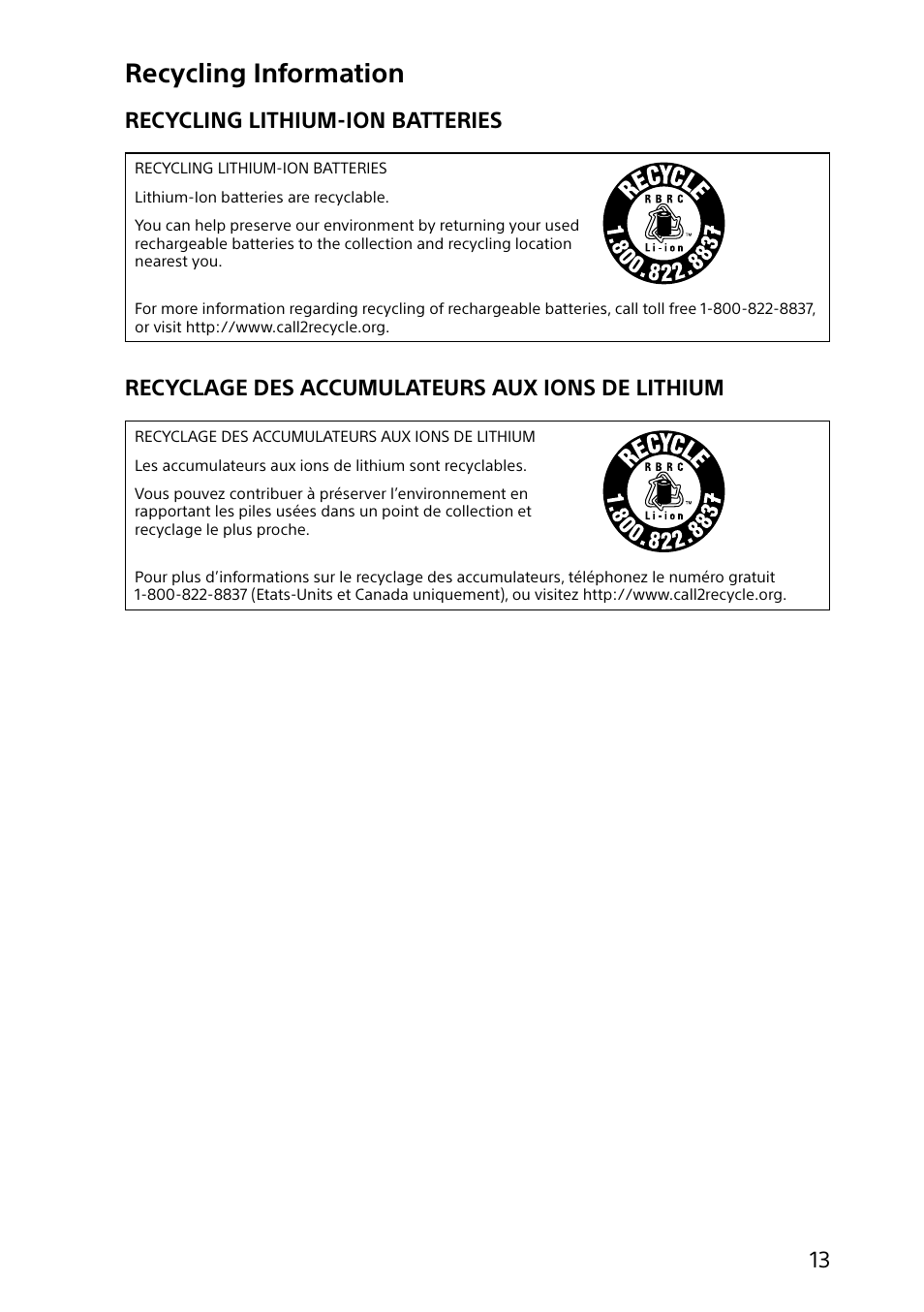 Recycling information, Recycling lithium-ion batteries, Recyclage des accumulateurs aux ions de lithium | Sony SVF15414CXW User Manual | Page 13 / 24