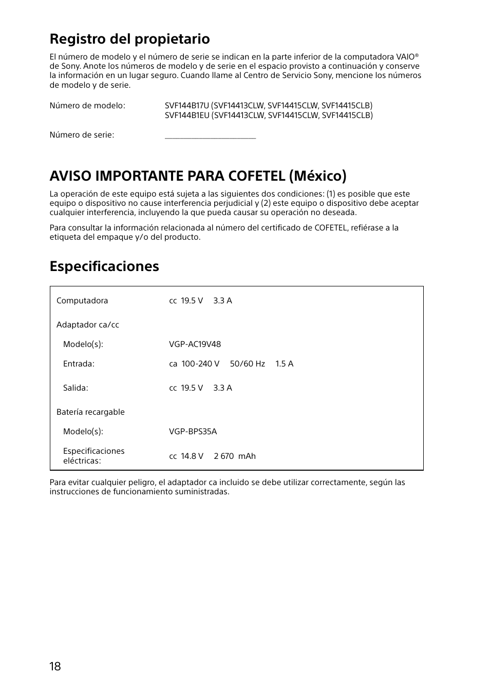 Registro del propietario, Aviso importante para cofetel (méxico), Especificaciones | Sony SVF15414CXW User Manual | Page 18 / 24