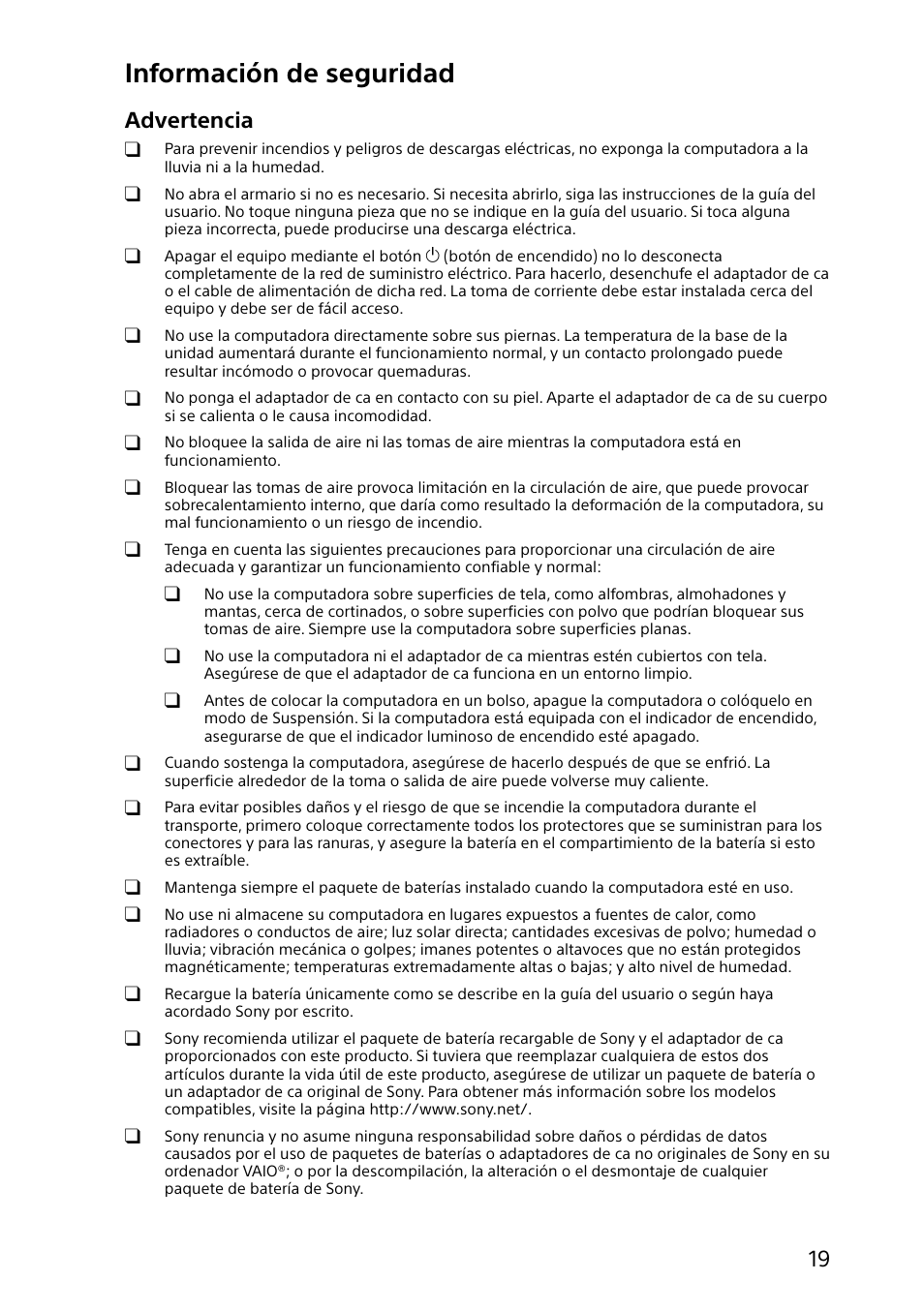 Información de seguridad, Advertencia | Sony SVF15414CXW User Manual | Page 19 / 24