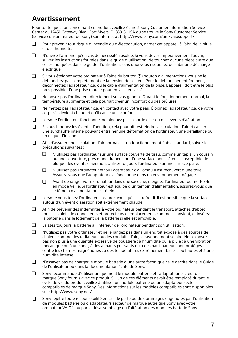 Avertissement | Sony SVF15414CXW User Manual | Page 7 / 24