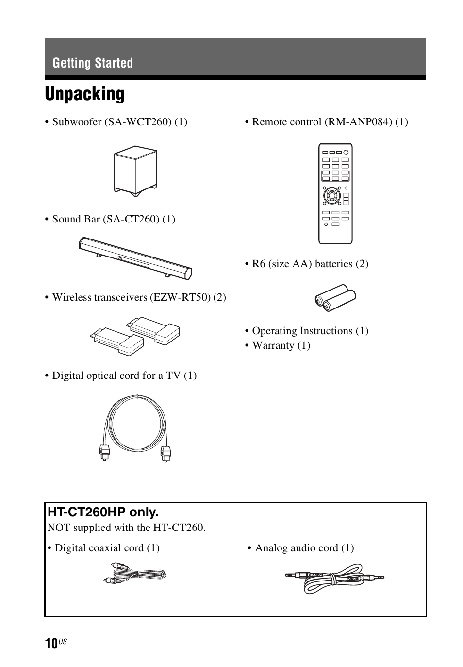 Getting started, Unpacking, Getting started ht-ct260hp only | Sony HT-CT260 User Manual | Page 10 / 130