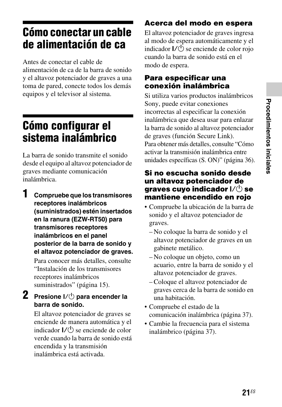 Cómo conectar un cable de alimentación de ca, Cómo configurar el sistema inalámbrico, Cómo conectar un cable de | Alimentación de ca, Cómo configurar el sistema, Inalámbrico | Sony HT-CT260 User Manual | Page 107 / 130