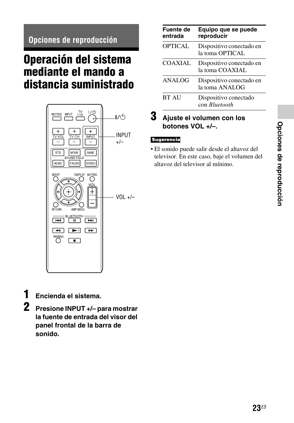 Opciones de reproducción, Operación del sistema mediante, El mando a distancia suministrado | Sony HT-CT260 User Manual | Page 109 / 130