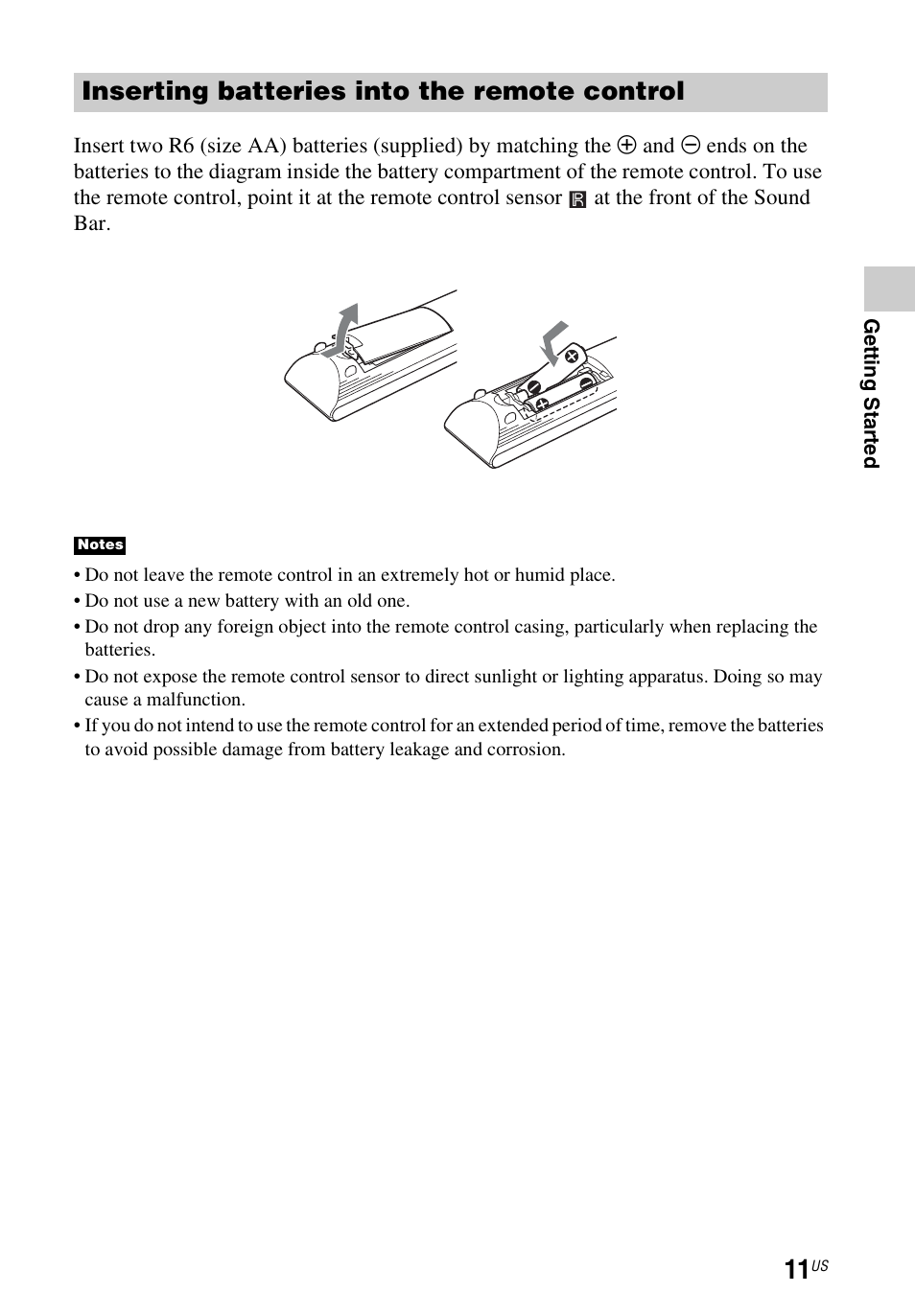 Inserting batteries into the remote control | Sony HT-CT260 User Manual | Page 11 / 130